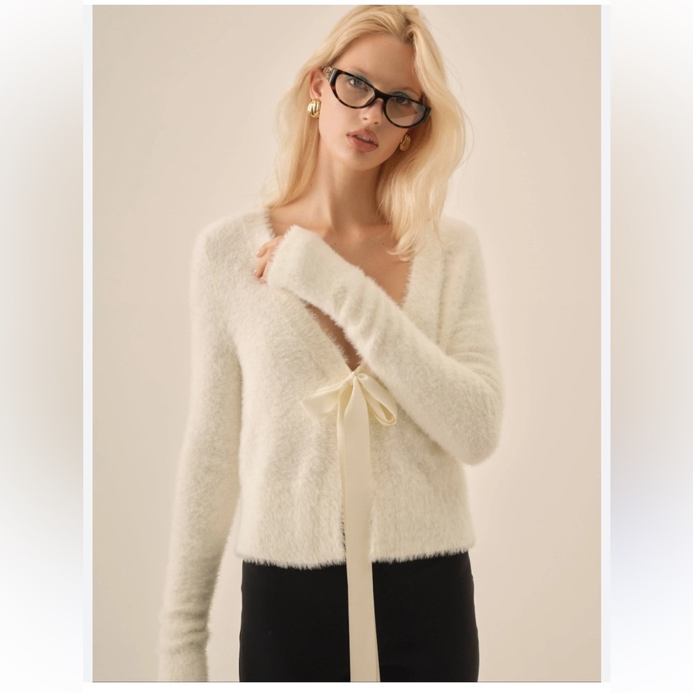 NWT For Love & Lemons Tayla Knit Cardigan Sweater Fuzzy Bow Size XS